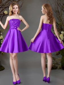Satin Strapless Sleeveless Lace Up Beading Dama Dress in Eggplant Purple