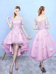 New Arrival Rose Pink Off The Shoulder Lace Up Lace Quinceanera Court Dresses Short Sleeves