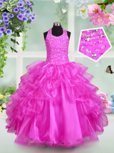 Charming Halter Top Sleeveless Organza Little Girl Pageant Gowns Beading and Ruffled Layers Lace Up