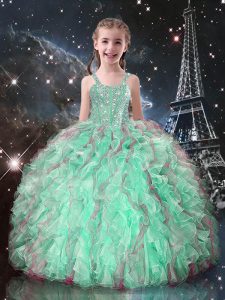Latest Turquoise Organza Lace Up Straps Sleeveless Floor Length Little Girls Pageant Gowns Beading and Ruffles