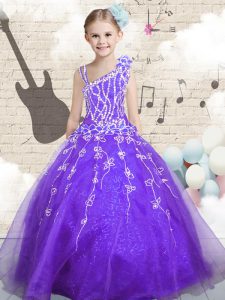 Beading and Appliques and Hand Made Flower Pageant Gowns For Girls Lilac Lace Up Sleeveless Floor Length