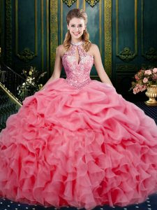 Luxurious Halter Top Sleeveless Lace Up Vestidos de Quinceanera Watermelon Red Organza