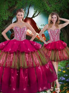 Decent Burgundy Ball Gowns Beading and Ruffled Layers Sweet 16 Dress Lace Up Organza Sleeveless Floor Length