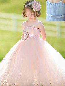 Baby Pink Kids Formal Wear Party and Quinceanera and Wedding Party with Bowknot and Hand Made Flower Straps Sleeveless Zipper