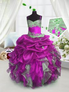 Fuchsia Lace Up Kids Pageant Dress Beading and Ruffles and Pick Ups Sleeveless Floor Length