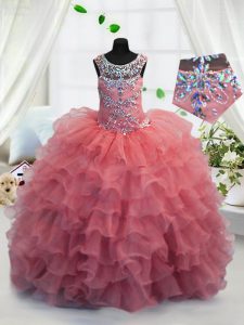 Scoop Ruffled Coral Red Sleeveless Organza Lace Up Little Girls Pageant Gowns for Party and Wedding Party