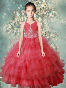 Lovely Halter Top Watermelon Red Sleeveless Floor Length Beading and Ruffled Layers Zipper Little Girls Pageant Gowns