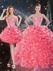 Discount Three Pieces Quinceanera Gown Coral Red Sweetheart Organza Sleeveless Floor Length Lace Up