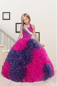 Fuchsia Kids Formal Wear Party and Wedding Party with Beading and Ruffles Halter Top Sleeveless Lace Up