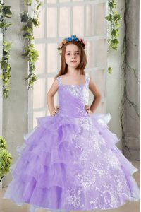 Pretty Beading and Ruffled Layers Little Girls Pageant Dress Lavender Lace Up Sleeveless Floor Length