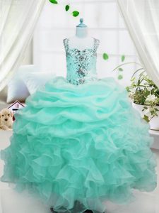 Gorgeous Baby Blue Organza Lace Up Kids Pageant Dress Sleeveless Floor Length Beading and Ruffles and Pick Ups
