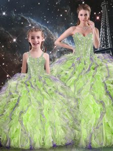 Yellow Green Ball Gowns Beading and Ruffles Quinceanera Gowns Lace Up Organza Sleeveless Floor Length