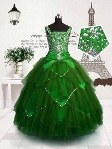 Affordable Dark Green Sleeveless Floor Length Beading and Sashes ribbons Lace Up Kids Formal Wear