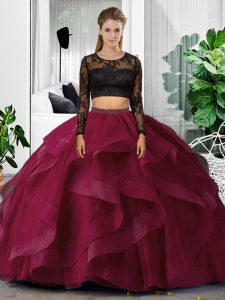 Fancy Fuchsia Two Pieces Scoop Long Sleeves Tulle Floor Length Backless Lace and Ruffles Sweet 16 Dresses