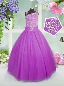 Tulle Asymmetric Sleeveless Lace Up Beading Child Pageant Dress in Lilac
