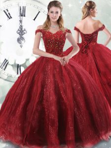 Perfect Wine Red Tulle Lace Up Off The Shoulder Sleeveless Ball Gown Prom Dress Brush Train Beading