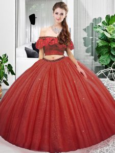 Sleeveless Organza Floor Length Lace Up 15 Quinceanera Dress in Coral Red with Lace