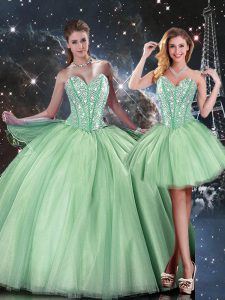 Apple Green Ball Gowns Beading Sweet 16 Dresses Lace Up Tulle Sleeveless Floor Length