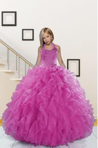 Elegant Halter Top Sleeveless Lace Up Floor Length Beading and Ruffles Little Girl Pageant Gowns