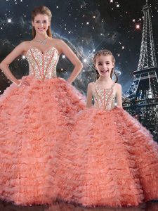 Perfect Watermelon Red Tulle Lace Up Sweetheart Sleeveless Floor Length Sweet 16 Dress Beading and Ruffles