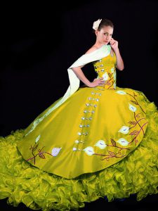 Lace Up Quinceanera Gown Gold for Military Ball and Sweet 16 and Quinceanera with Embroidery and Ruffles Brush Train