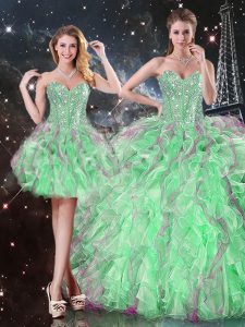 Sophisticated Apple Green Organza Lace Up Sweetheart Sleeveless Floor Length Sweet 16 Dresses Beading and Ruffles