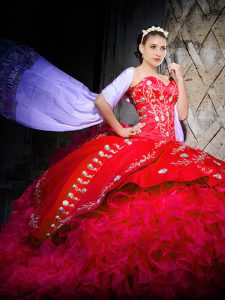 High Quality Red Sleeveless Brush Train Embroidery and Ruffles Quince Ball Gowns
