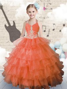 Halter Top Sleeveless Lace Up Floor Length Beading and Ruffled Layers Little Girls Pageant Dress Wholesale