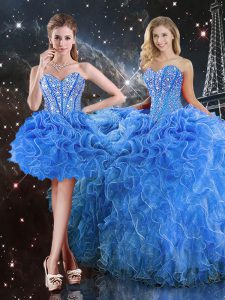 Beauteous Baby Blue Ball Gowns Sweetheart Sleeveless Organza Floor Length Lace Up Beading and Ruffles Sweet 16 Quinceanera Dress