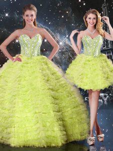 Enchanting Sleeveless Tulle Floor Length Lace Up Vestidos de Quinceanera in Yellow Green with Beading and Ruffles
