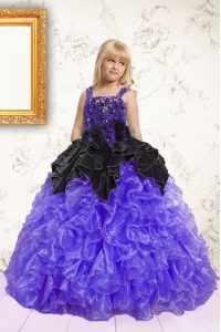 Black and Purple Straps Lace Up Beading and Ruffles Pageant Gowns For Girls Sleeveless