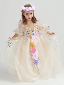 Most Popular Ankle Length Empire Half Sleeves Champagne Kids Pageant Dress Zipper