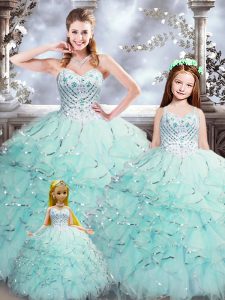 Aqua Blue 15th Birthday Dress Military Ball and Sweet 16 and Quinceanera with Beading and Ruffles Sweetheart Sleeveless Lace Up