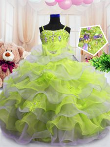 Sleeveless Organza Floor Length Zipper Little Girl Pageant Gowns in Light Yellow with Beading and Ruffled Layers
