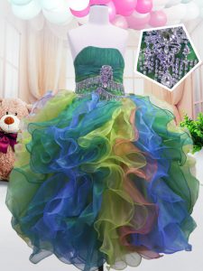Floor Length Zipper Child Pageant Dress Multi-color for Party and Wedding Party with Beading and Ruffles