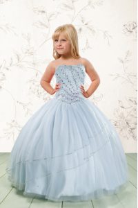 Baby Blue Ball Gowns Strapless Sleeveless Tulle Floor Length Lace Up Beading Girls Pageant Dresses