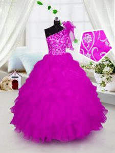 Glorious Ball Gowns Little Girls Pageant Gowns Hot Pink One Shoulder Organza Short Sleeves Floor Length Lace Up