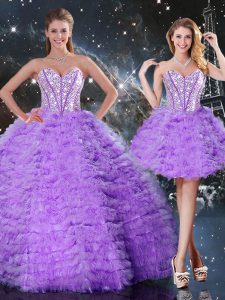 Organza Sweetheart Sleeveless Lace Up Beading and Ruffled Layers Quinceanera Dress in Lavender
