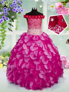 Cheap Off the Shoulder Sleeveless Beading and Hand Made Flower Lace Up Kids Formal Wear