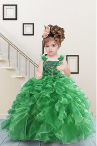 Custom Fit Floor Length Green Child Pageant Dress Straps Sleeveless Lace Up