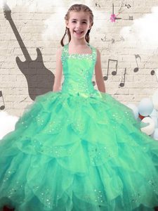 Halter Top Sleeveless Organza Floor Length Lace Up Pageant Gowns For Girls in Turquoise with Beading and Ruffles