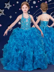 Organza Halter Top Sleeveless Lace Up Beading and Ruffles Pageant Gowns For Girls in Blue