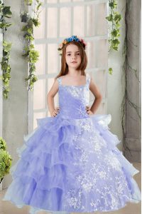 Lavender Sleeveless Floor Length Lace and Ruffled Layers Lace Up Pageant Gowns For Girls