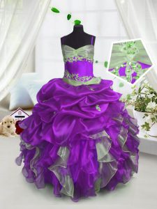 Custom Designed Lavender Ball Gowns Beading and Ruffles and Pick Ups Little Girls Pageant Dress Wholesale Lace Up Organza Sleeveless Floor Length
