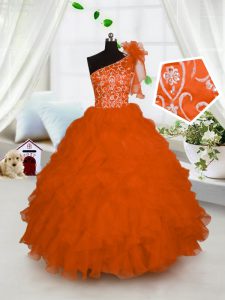 Super One Shoulder Orange Organza Lace Up Pageant Gowns For Girls Sleeveless Floor Length Embroidery and Ruffles