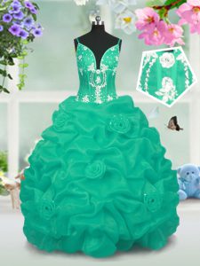 Fantastic Pick Ups Turquoise Sleeveless Taffeta Lace Up Little Girl Pageant Gowns for Party and Wedding Party
