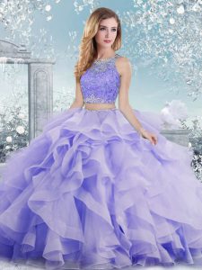Pretty Lavender Sleeveless Floor Length Beading and Ruffles Clasp Handle 15 Quinceanera Dress