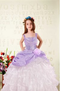 Lilac Ball Gowns Beading and Ruffled Layers and Hand Made Flower Little Girl Pageant Gowns Lace Up Organza Sleeveless Floor Length