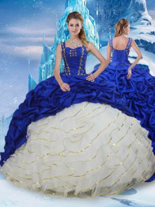 Fashionable Blue And White Straps Neckline Ruffled Layers and Pick Ups 15 Quinceanera Dress Sleeveless Lace Up