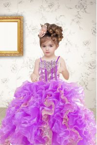 Spaghetti Straps Sleeveless Little Girl Pageant Dress Floor Length Beading and Ruffles and Sequins Multi-color Organza